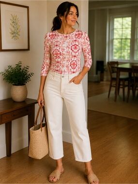 Croft & Barrow Pink Coral Medallion Print 3/4 Sleeve Top-Size Medium